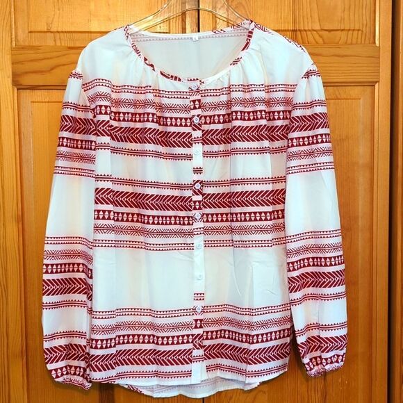 Boho‎ Peasant Blouse White & Red Size Large - Picture 1 of 9